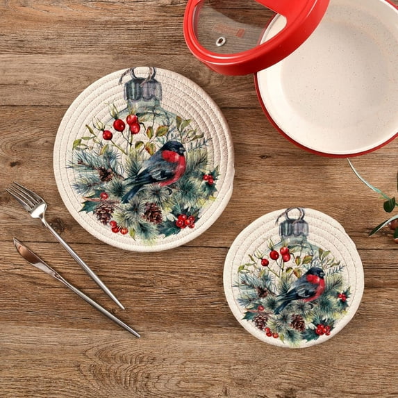 SKYSONIC Watercolor Christmas Ball Pot Holders Trivets, 2 Pcs Heat Resistant Trivets,Xmas Bird Cotton Thread Weave Mats for Hot Pads Pans Pot Bowl Teapot for Kitchen Decor