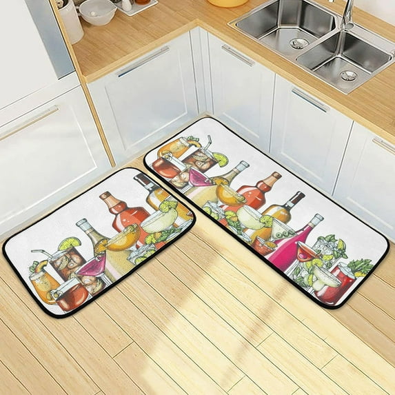 SKYSONIC Watercolor Cocktails Kitchen Rugs 2 Pieces, Summer Drinks Floor Mat Room Area Rug Washable Carpet Perfect for Living Room Bedroom Entryway