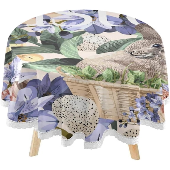 SKYSONIC Watercolor Cute Bunny Round Tablecloth 60inch Indoor Wrinkle Free, Happy Easter Greeting Circular Lace Table Cover Washable for Kitchen Party BBQ Dining Decor