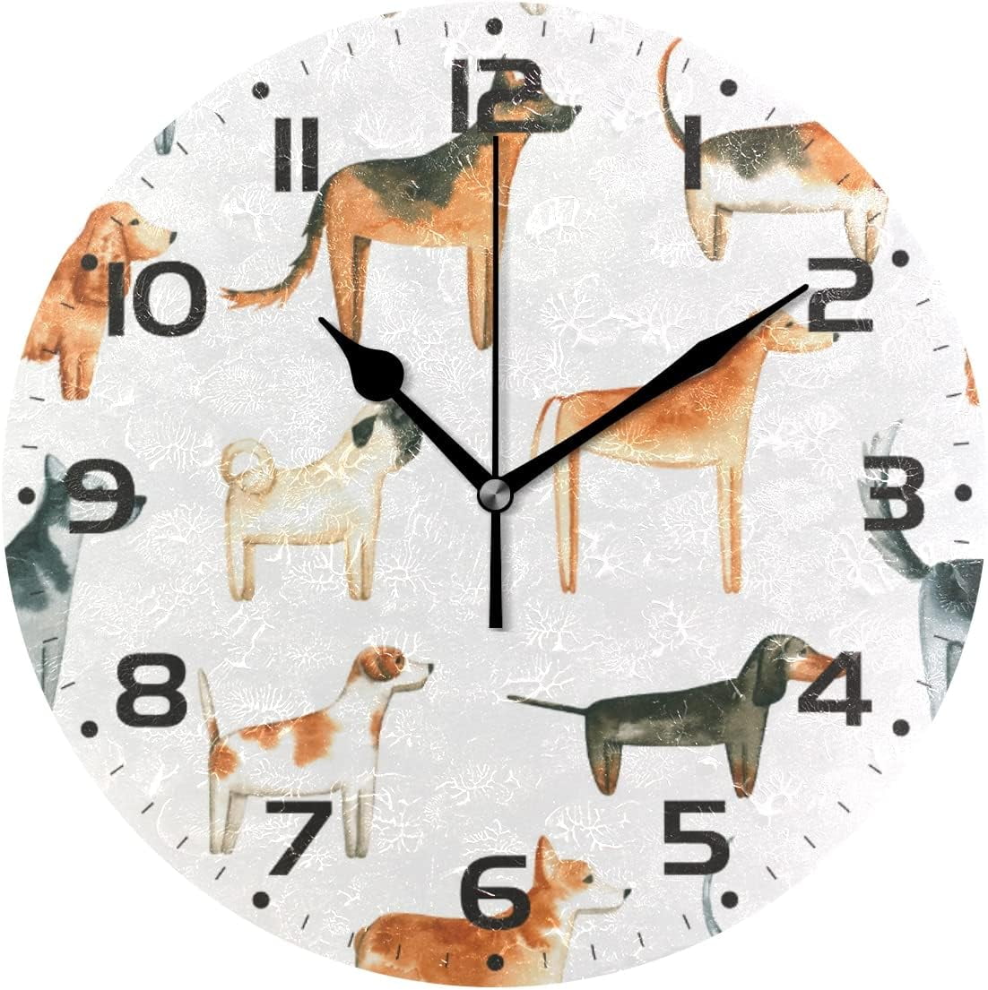 SKYSONIC Watercolor Dogs Wall Clock 10 Inch Silent Non Ticking Round ...