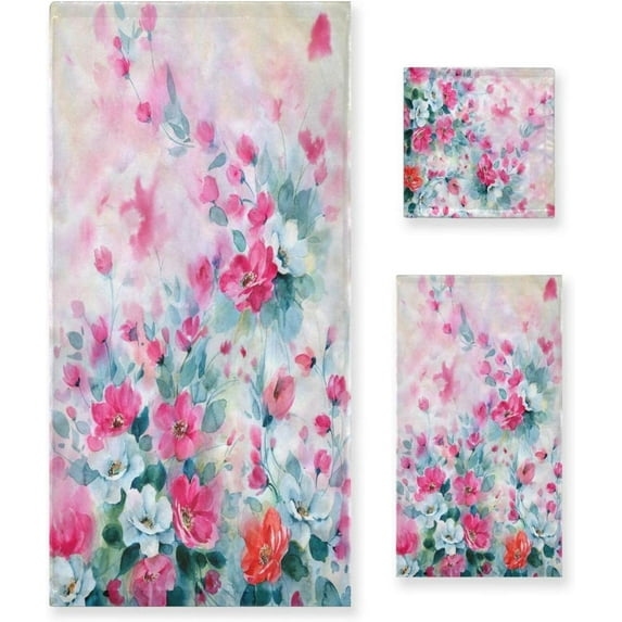 SKYSONIC Watercolor Flowers 3 Pack Bath Towels Set (1 Bath Towel, 1 Hand Towel, 1 Washcloth) for Bathroom, Super Soft and Quick Dry Cotton Towels
