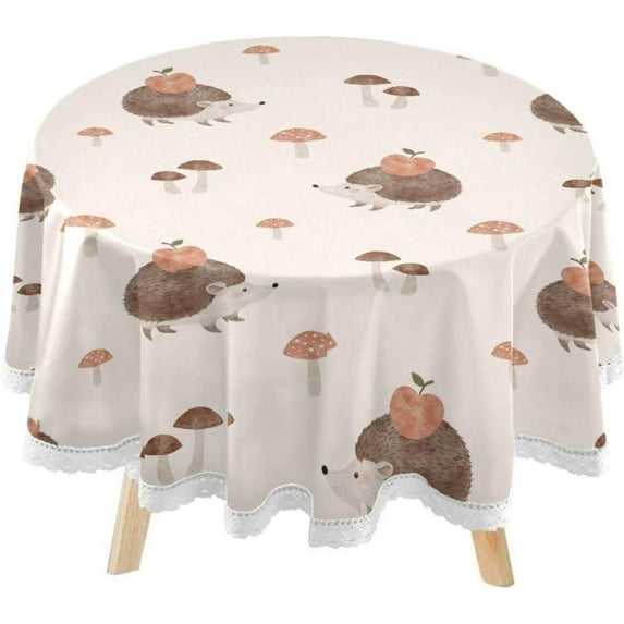 SKYSONIC Watercolor Hedgehog Round Tablecloth 60inch Indoor Wrinkle Free, Apple Mushrooms Circular Lace Table Cover Washable for Kitchen Party BBQ Dining Decor