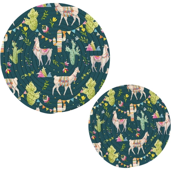 SKYSONIC Watercolor Mexico Llama Pot Holders Trivets, 2 Pcs Heat Resistant Trivets,Cute Alpaca Cactus Cotton Thread Weave Mats for Hot Pads Pans Pot Bowl Teapot for Kitchen Decor