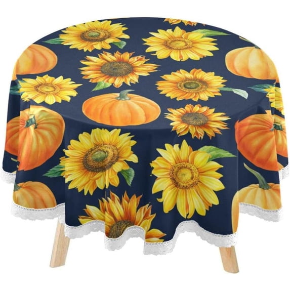 SKYSONIC Watercolor Pumpkin Round Tablecloth 60inch Indoor Wrinkle Free, Fall Sunflowers Circular Lace Table Cover Washable for Kitchen Party BBQ Dining Decor