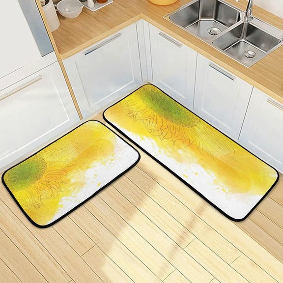 SKYSONIC Watercolor Sunflower Kitchen Rugs Set of 2, Summer Yellow Flower Floor Runner Area Rug Washable Carpet Mat Perfect for Living Room Bedroom Entryway
