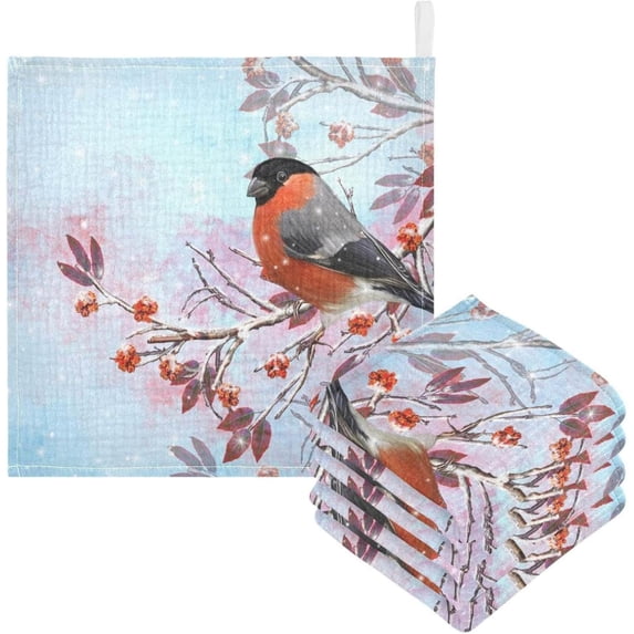 SKYSONIC Watercolor Winter Birds Baby Muslin Washcloths Face Towel, 3 PCS Christmas Burp Cloths Cotton Wipes Infant Wash Cloth for Newborn Boys Girls 12"x12"