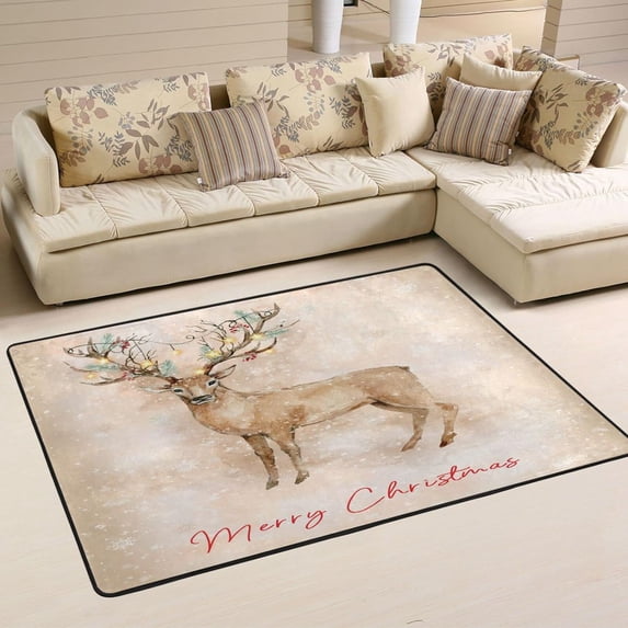 SKYSONIC Watercolor Winter Deer Non-Slip Area Rug, Merry Xmas Floor Carpet Comfort Floor Mats Decor for Indoor Front Porch Living Room Bedroom Kitchen, 36"x24"
