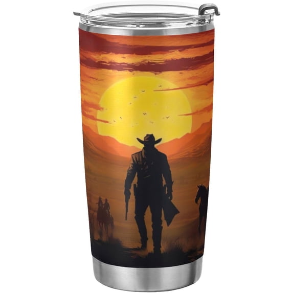 SKYSONIC Western Desert Cowboy Tumbler Stainless Steel Double Wall Vacuum Reusable Insulated Mug with Straw and Built-in Coaste for Cold and Hot Beverages, 12oz