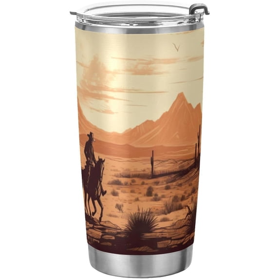 SKYSONIC Western Desert Cowboy Tumbler Stainless Steel Double Wall Vacuum Reusable Insulated Mug with Straw and Built-in Coaste for Cold and Hot Beverages, 20oz