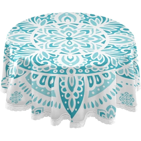 SKYSONIC White Turquoise Mandala Tablecloth Ornament Flower Round Tablecloths Polyester Tablecover Cloths Washable Tabletop Runner Kitchen Party Picnic Dining Home Decor 60inch