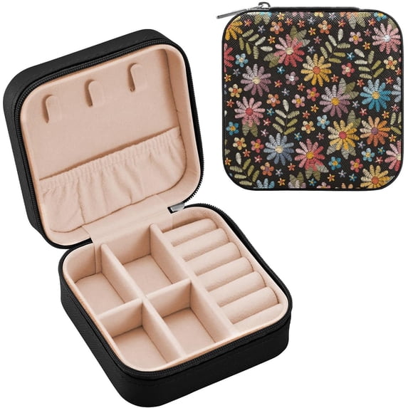 SKYSONIC Wildflowers Travel Jewelry Box PU Leather Jewelry Organizer Ideal Gift for Women Girls, Portable Mini Jewelry Travel Case for Stud Earrings Rings Necklaces Bracelets
