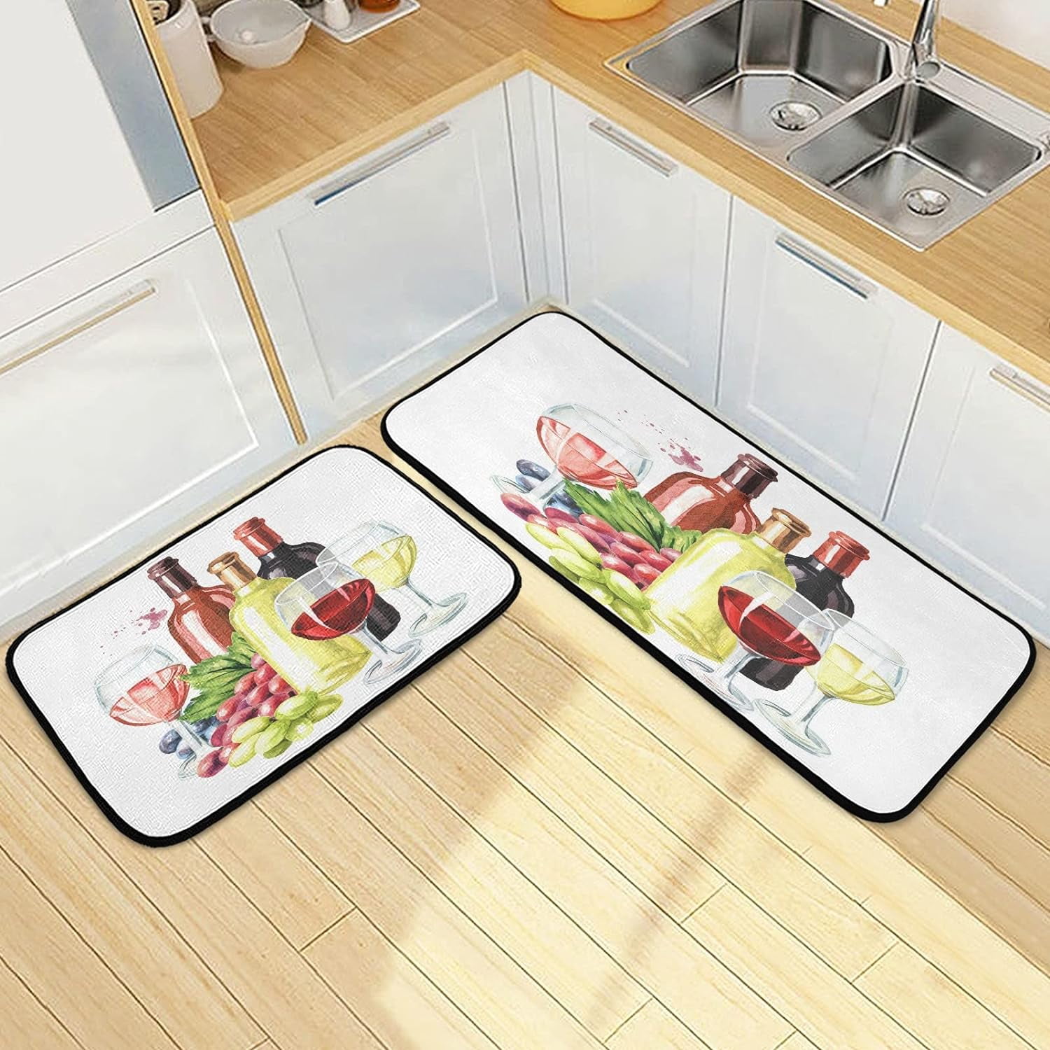 SKYSONIC Wine Bottles Glasses Kitchen Rugs Set of 2, Grape Berries ...