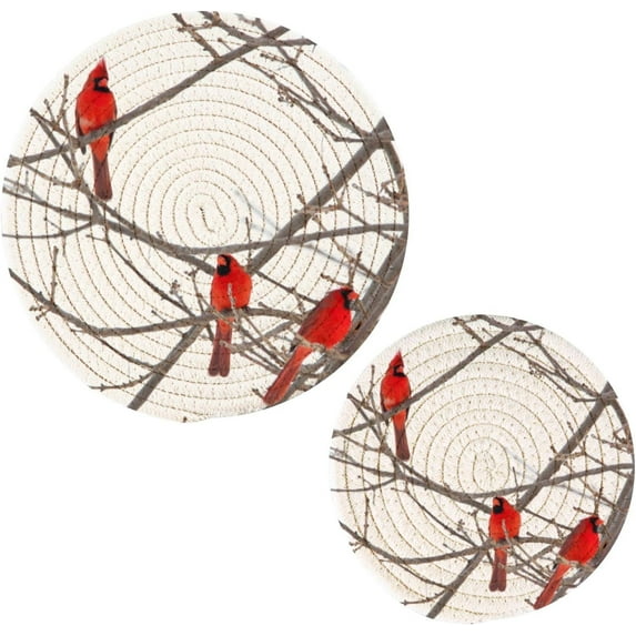 SKYSONIC Winter Cardinals Red Pot Holders Trivets, 2 Pcs Heat Resistant Trivets, Cotton Thread Weave Mats for Hot Pads Pans Pot Bowl Teapot for Kitchen Decor