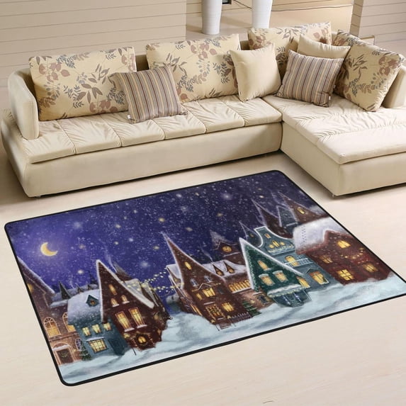 SKYSONIC Winter Christmas Moon Non-Slip Area Rug, New Year's City Floor Carpet Comfort Floor Mats Decor for Indoor Front Porch,Living Room, Bedroom,Kitchen,72"x48"