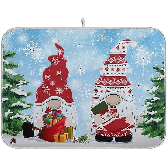 SKYSONIC Winter Gnome Dish Drying Mat for Kitchen Counter Christmas Foldable Absorbent Dish Drainer Farmhouse Dish Mats Drying Pad Dish Drainer Rack Mats for Counter 16x18