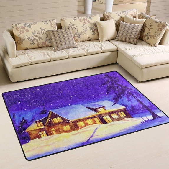SKYSONIC Winter Houses Non-Slip Area Rug, Snowfall Night Floor Carpet Comfort Floor Mats Decor for Indoor Front Porch Living Room Bedroom Kitchen, 36"x24"
