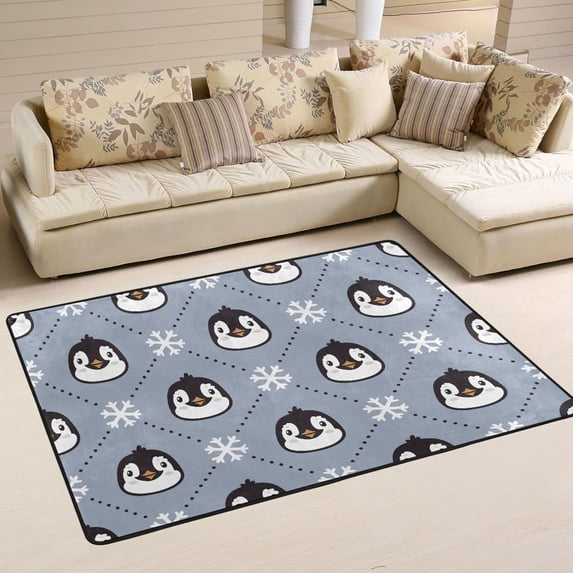 SKYSONIC Winter Penguins Snowflakes Non-Slip Area Rug, Cute Animal Floor Carpet Comfort Floor Mats Decor for Indoor Front Porch Living Room Bedroom Kitchen, 36"x24"