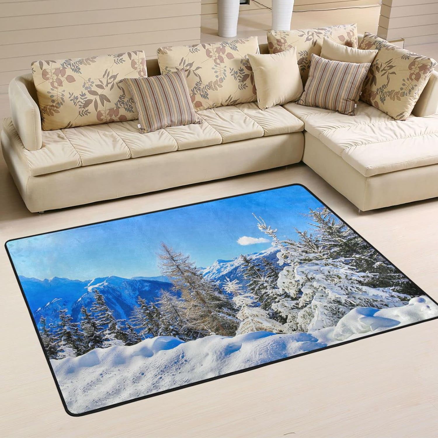 SKYSONIC Winter Snowy Landscape Non-Slip Area Rug, Fir Trees Floor ...
