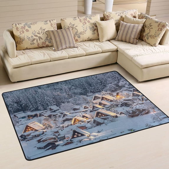 SKYSONIC Winter Village Non-Slip Area Rug, Snowy Forest Floor Carpet Comfort Floor Mats Decor for Indoor Front Porch,Living Room, Bedroom,Kitchen,72"x48"