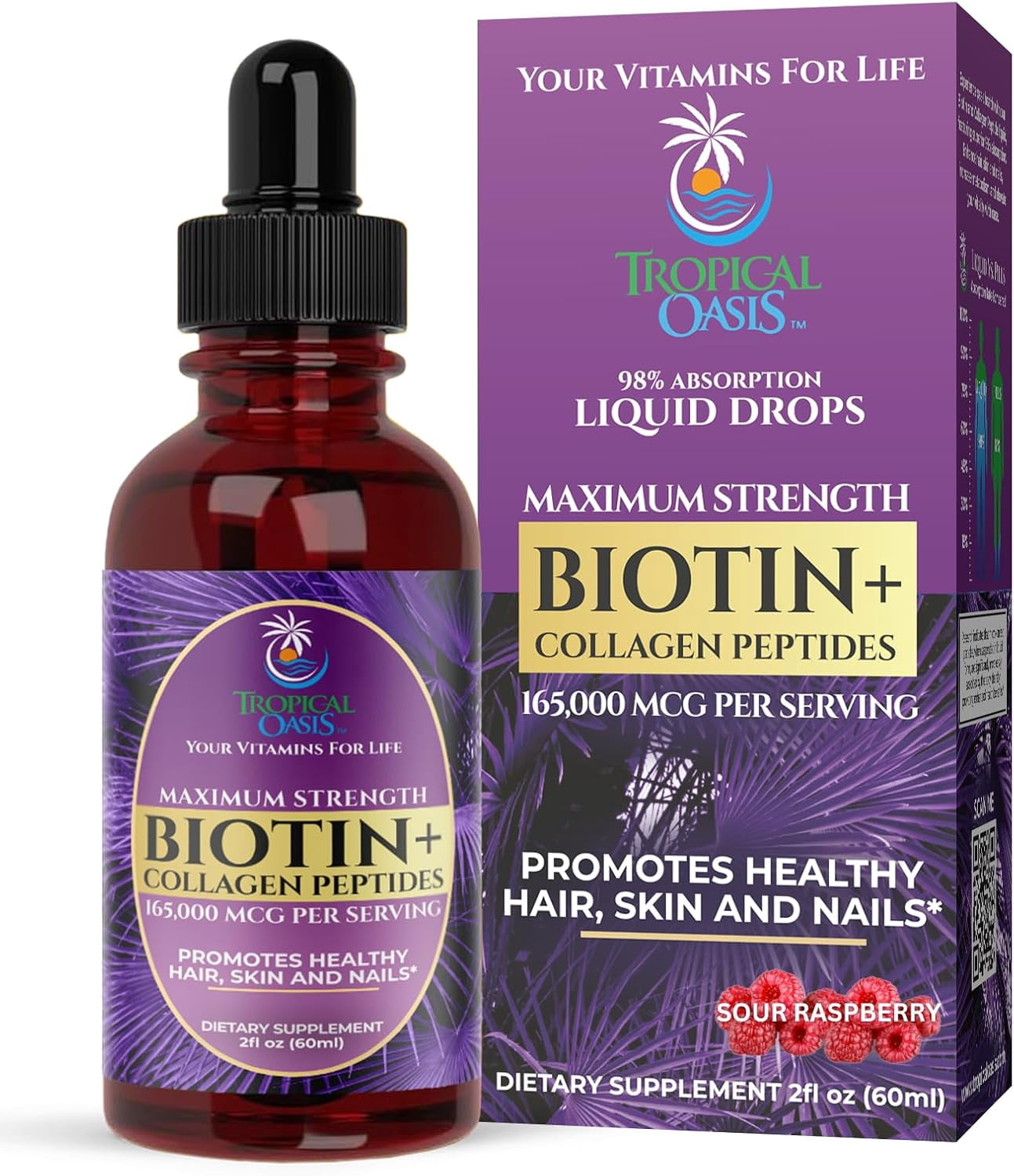Tropical Oasis Maximum Strength Biotin plus Collagen Peptide Drops, Vitamin Supplement for Hair, Skin, Nails, Tropical Sour Raspberry, 2 fl oz, 60 Servings