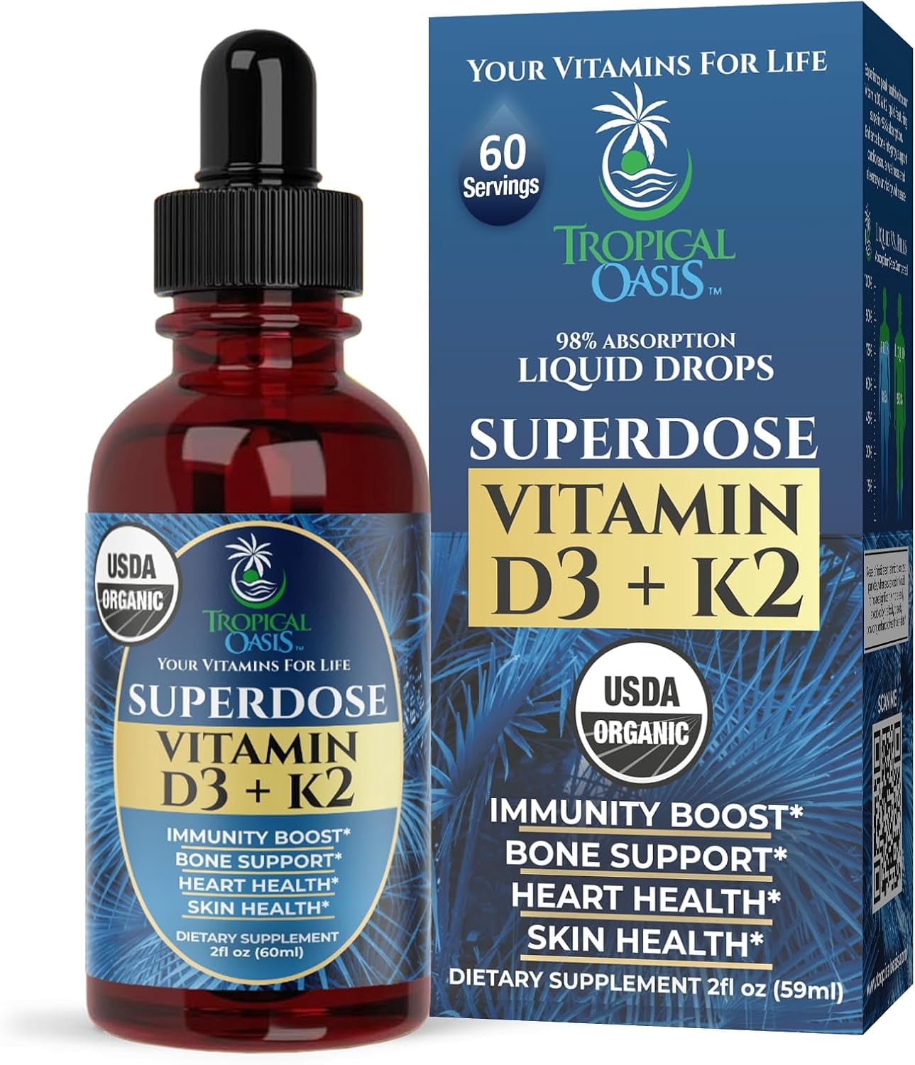 Tropical Oasis USDA Organic Superdose Vitamin D3 + K2 Drops for Adults, Liquid Vitamin Supplement for Immunity Boost, Bone Support, Heart & Skin Health, Tropical Fruit, 2 fl oz, 60 Servings