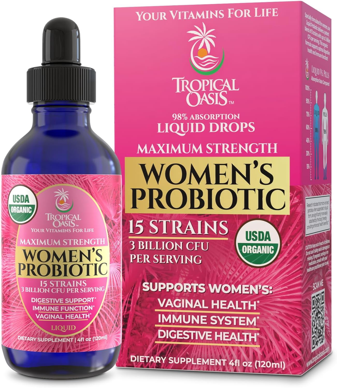 Tropical Oasis Women's Probiotic Drops, 15 Strains 3 Billion CFU Digestive Immune Support, Strawberry, 4 fl oz, 40 Servings