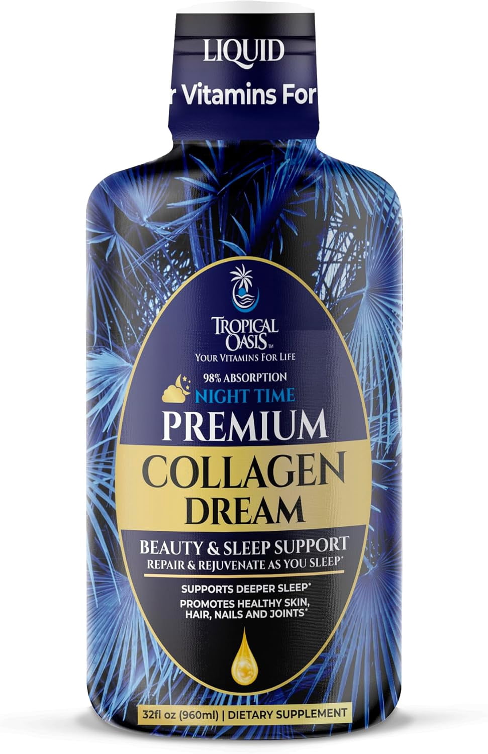 Tropical Oasis Collagen Dream, Premium Liquid Hydrolyzed Collagen Supplement for Men & Women, Sleep Aid for Healthy Hair, Skin, & Nails, Tropical Strawberry Mango, 32 fl oz, 32 Servings