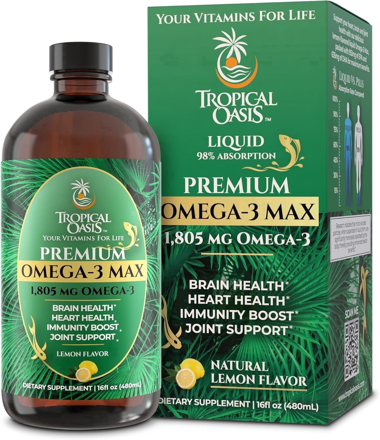 Tropical Oasis Omega-3 Max Drops, 1805mg n Fish Oil Liquid Vitamin Supplement with EPA & DHA, Tropical Lemon, 16 Oz, 96 Servings
