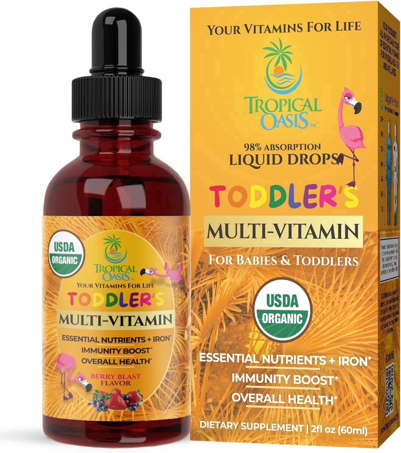 Tropical Oasis Liquid Multivitamin Drops for Toddlers Ages 1-3, for Immunity Support, Cognitive Function, and Overall Wellness, Tropical Berry Blast Flavor, 2 fl oz, 30 Servings