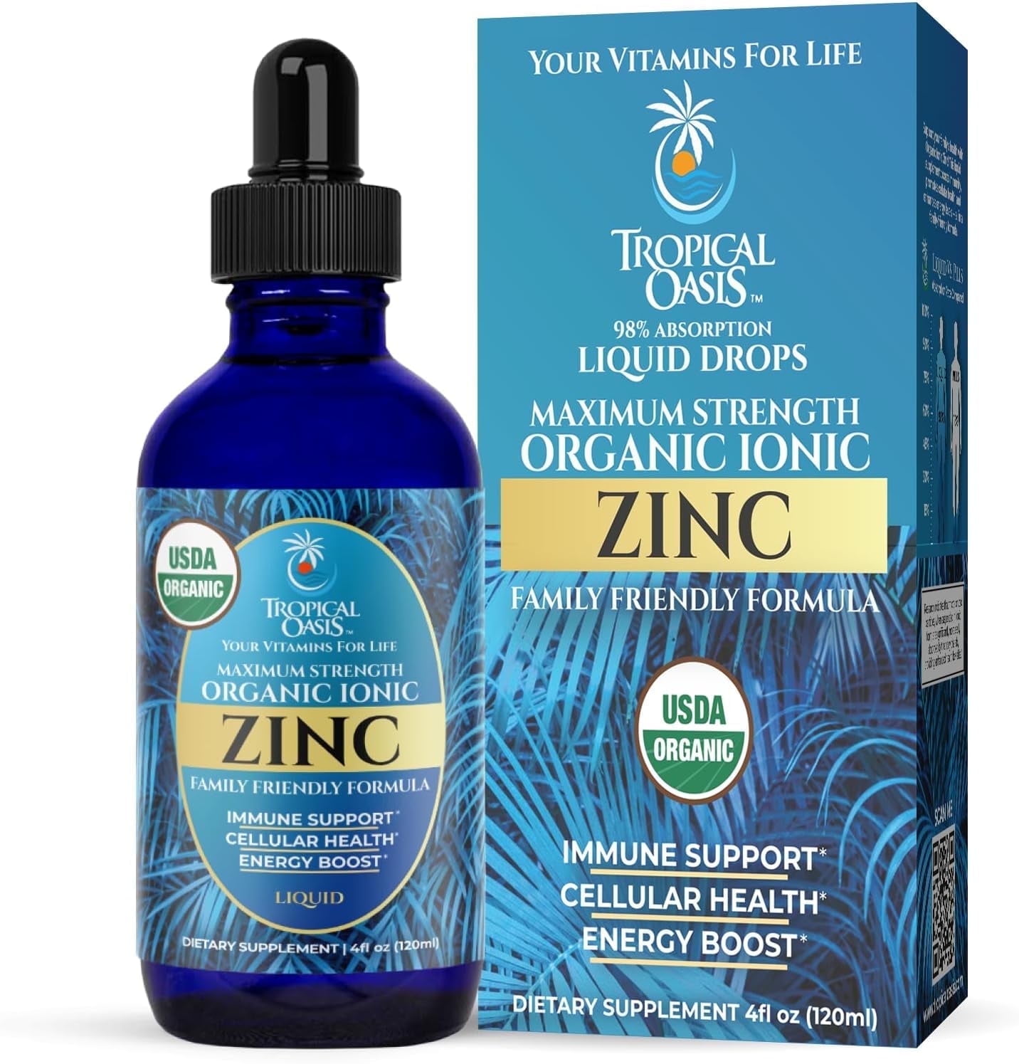 Tropical Oasis Ionic Zinc Drops for Kids & Adults, Maximum Strength Liquid Vitamin Vitamin Supplement for Immunity and Skin health, 4 Oz, 150 Servings
