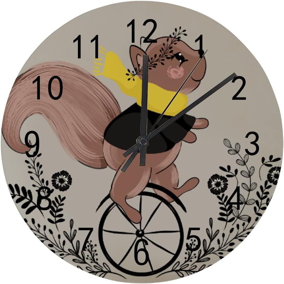 SKYSONIC Wooden Round Wall Clock Bohemian Small Squirrel Non Ticking