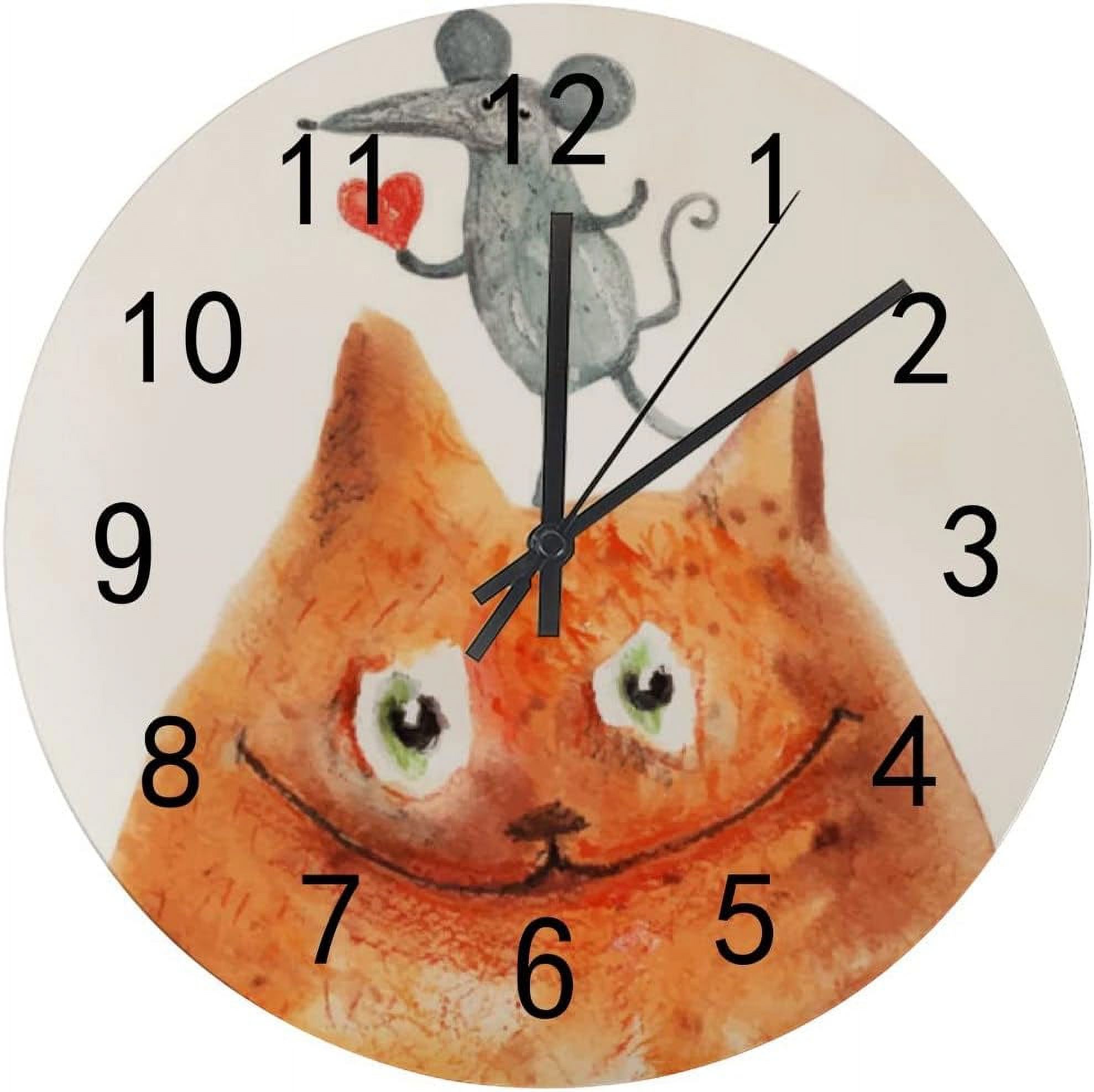 SKYSONIC Wooden Round Wall Clock Cat with Mouse with Heart Smile Non ...
