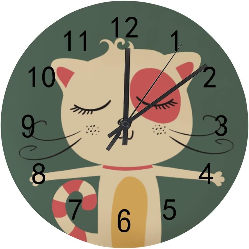 SKYSONIC Wooden Round Wall Clock Cute Dancing Cat Non Ticking Battery Operated Clocks for Home