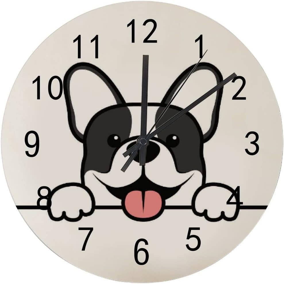 SKYSONIC Wooden Round Wall Clock Cute French Bulldog Puppy Paws Up Non