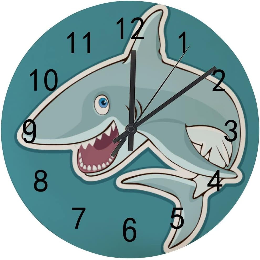 SKYSONIC Wooden Round Wall Clock Cute Funny Shark Jump Non Ticking