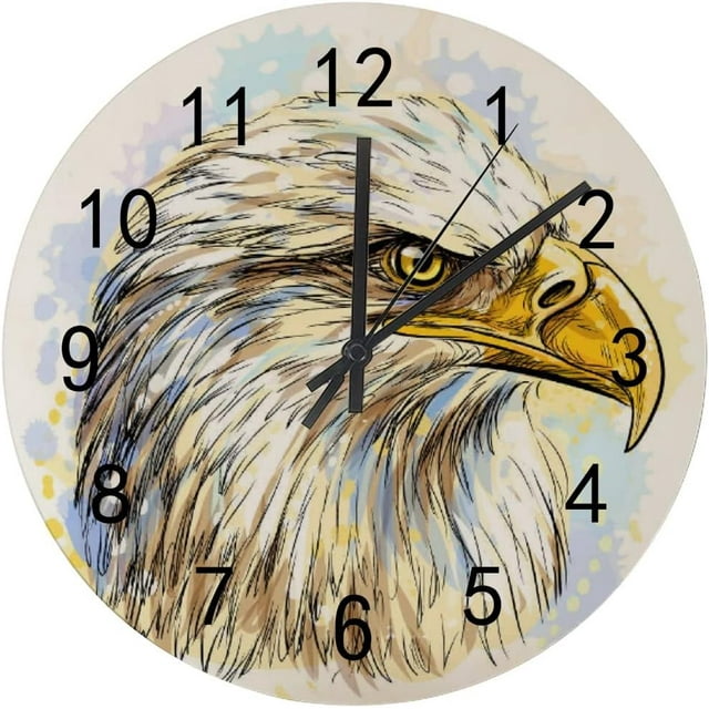 SKYSONIC Wooden Round Wall Clock Eagle on White Splash Non Ticking