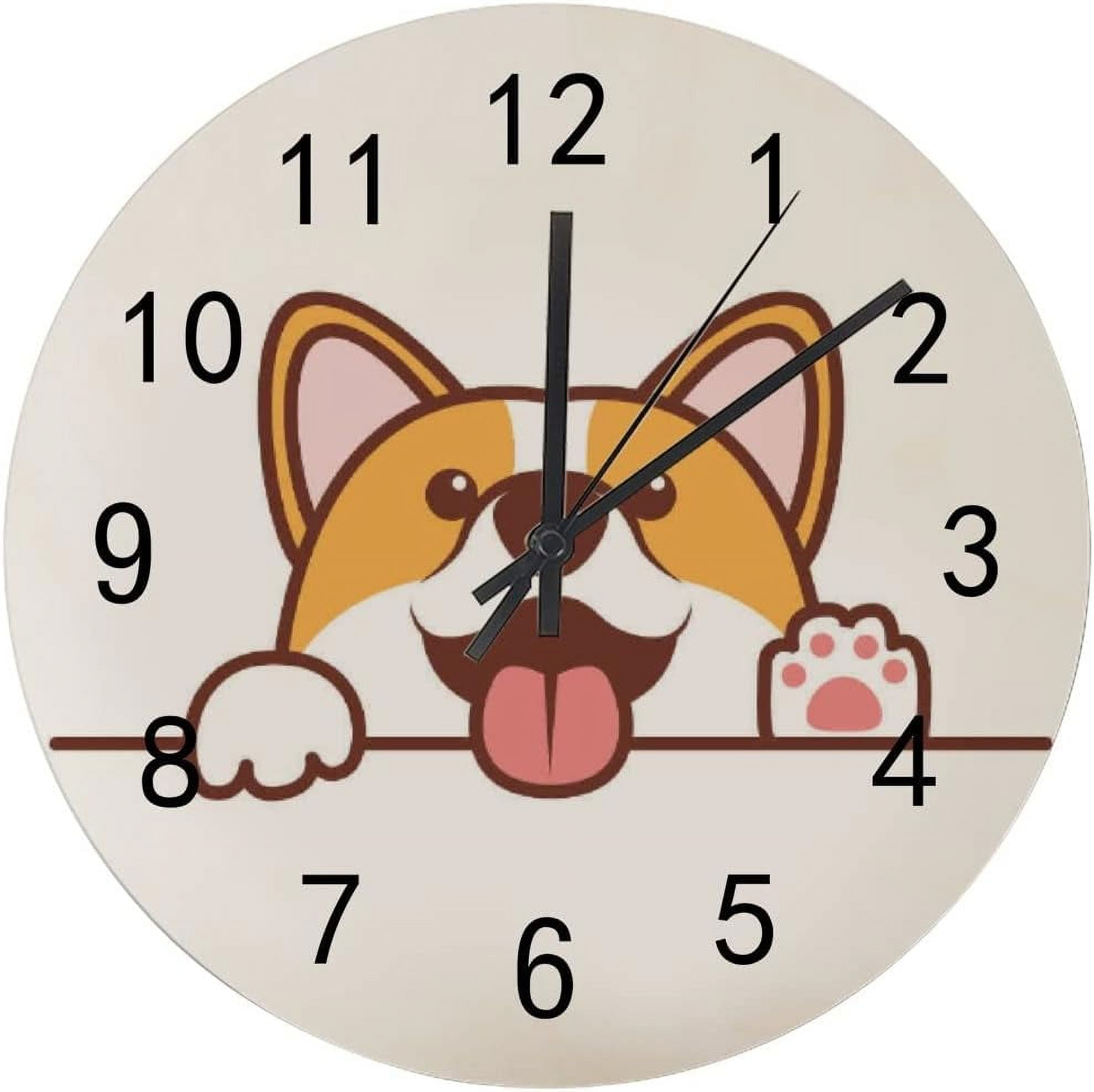 SKYSONIC Wooden Round Wall Clock Funny Corgi Dog Paws Up Non Ticking ...
