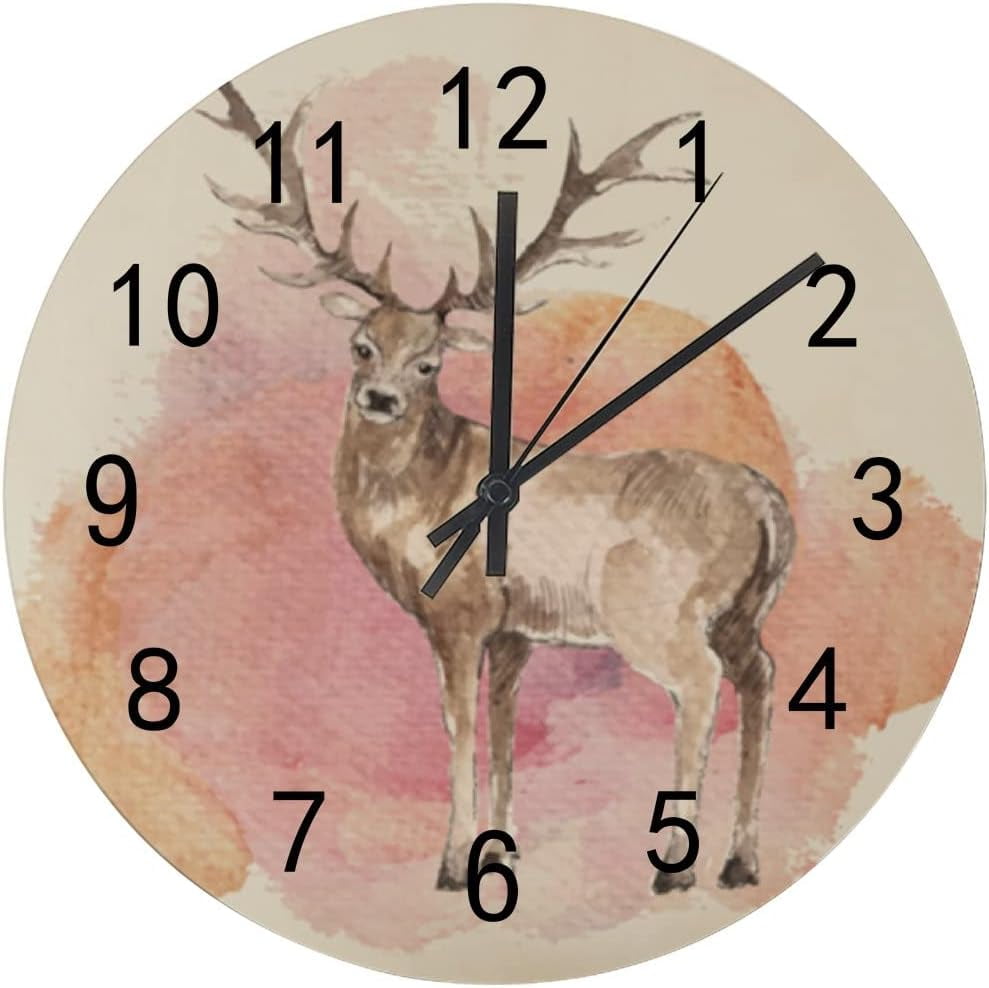 Skysonic Wooden Round Wall Clock Pink Watercolor Deer Non Ticking Battery Operated Clocks For