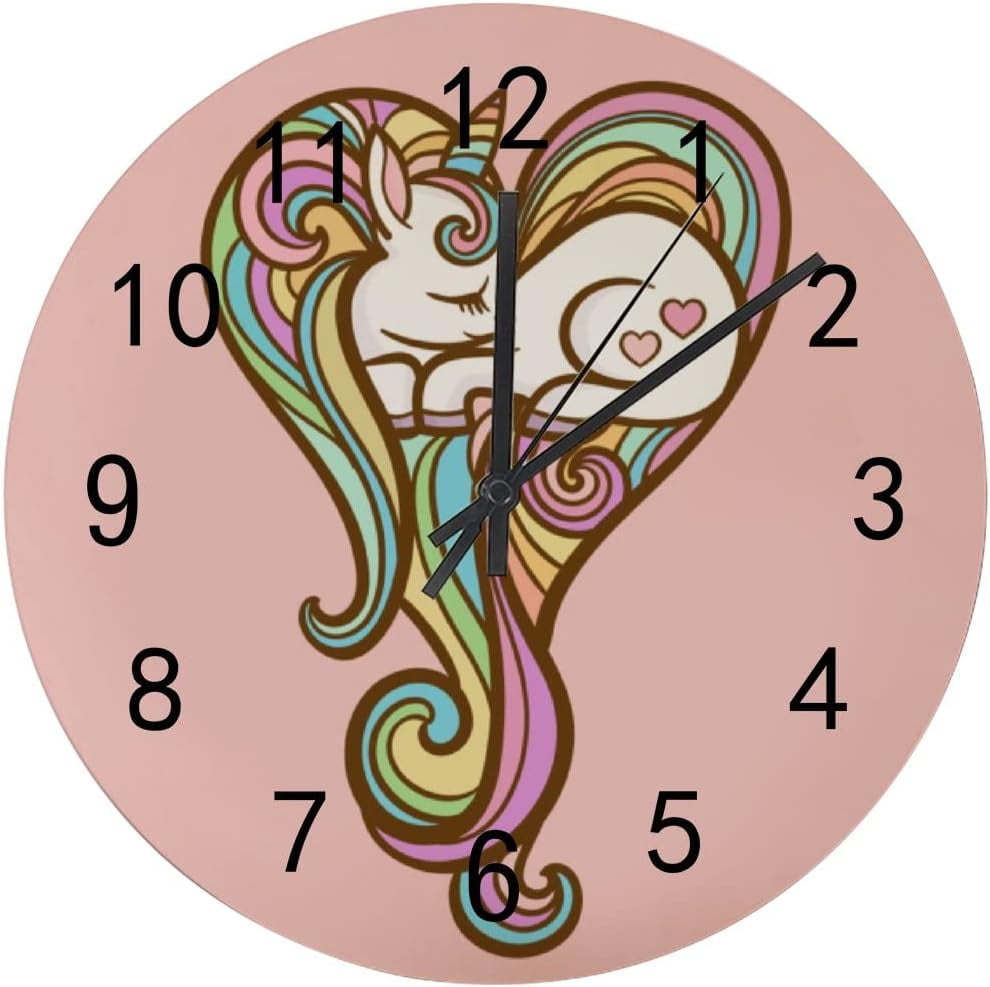 SKYSONIC Wooden Round Wall Clock Small Sleeping Unicorn Non Ticking