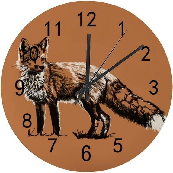 SKYSONIC Wooden Round Wall Clock Vintage Red Fox Non Ticking Battery Operated Clocks for Home Office Living Room Bedroom