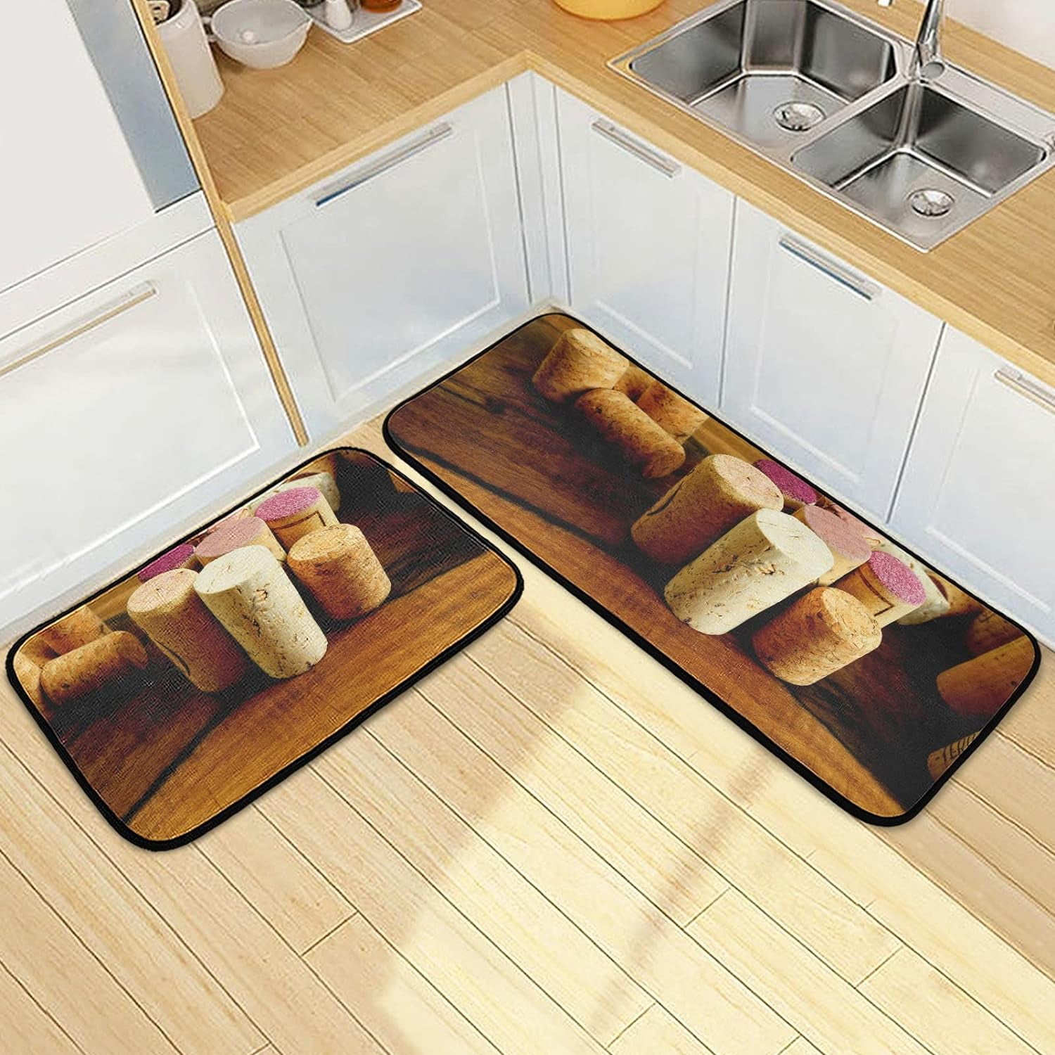 SKYSONIC Wooden Wine Corks Kitchen Rugs Set of 2, Wooden Table Floor ...