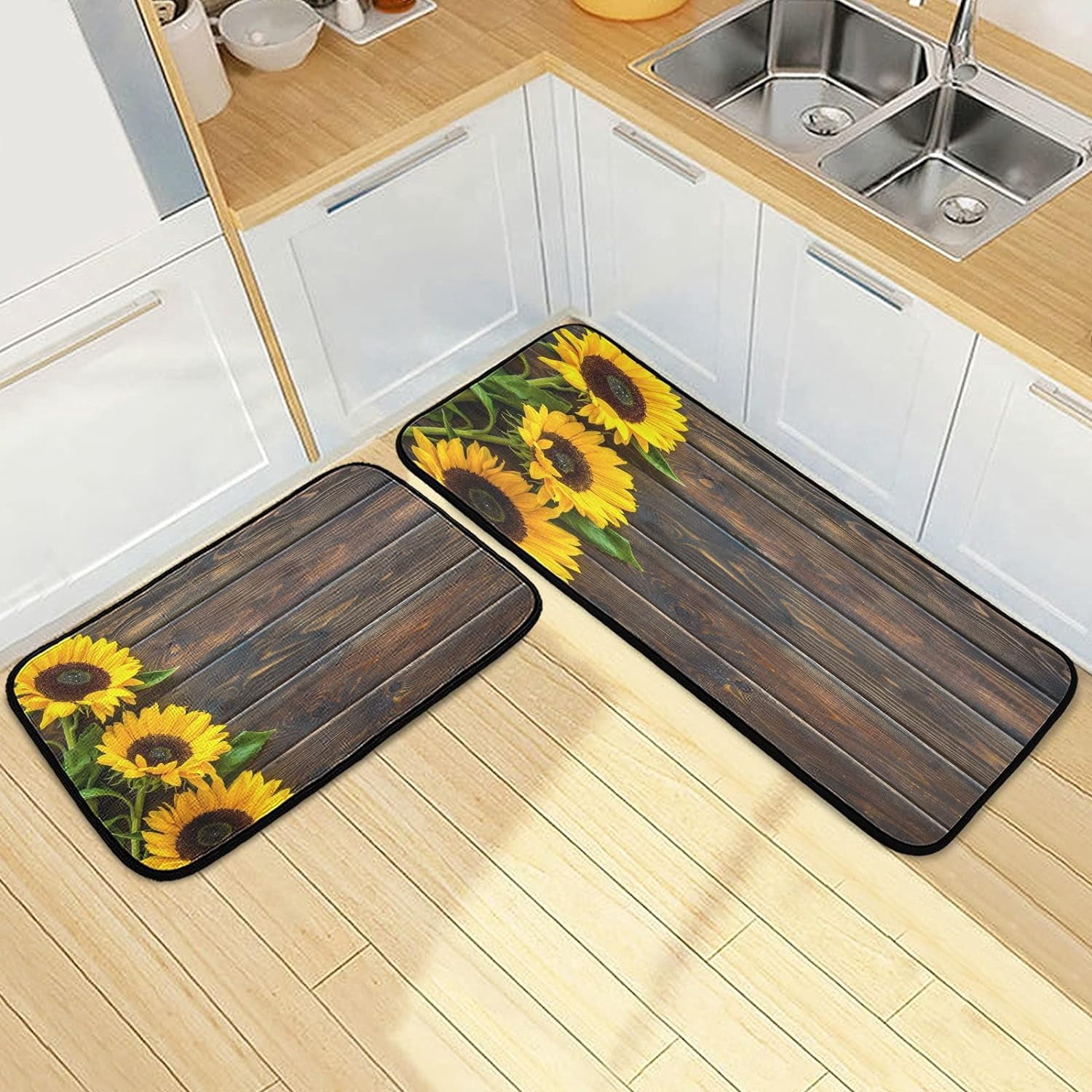 SKYSONIC Wooden Yellow Flowers Kitchen Rugs Set of 2, Sunflower Retro ...