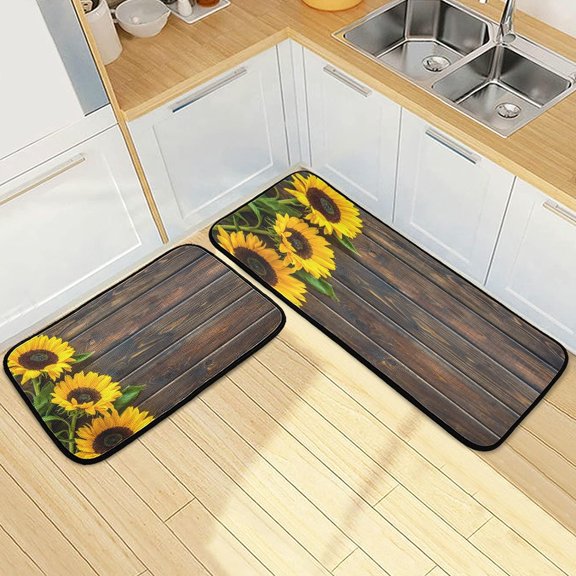 SKYSONIC Wooden Yellow Flowers Kitchen Rugs Set of 2, Sunflower Retro Floor Runner Area Rug Washable Carpet Mat Perfect for Living Room Bedroom Entryway