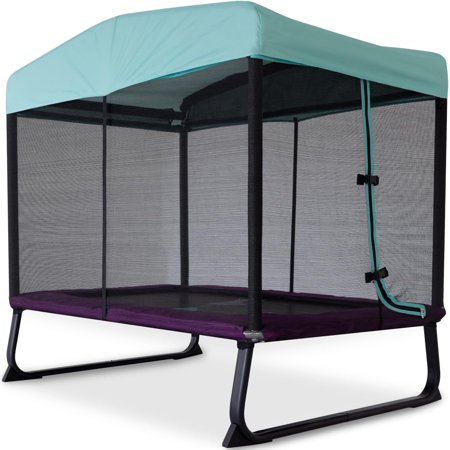 Skywalker Trampolines 6x4ft Rectangle Trampoline with Safety Enclosure Net - Indoor/Outdoor Mini Trampoline for Kids & Toddlers, Durable Steel Frame (Blue and Purple)