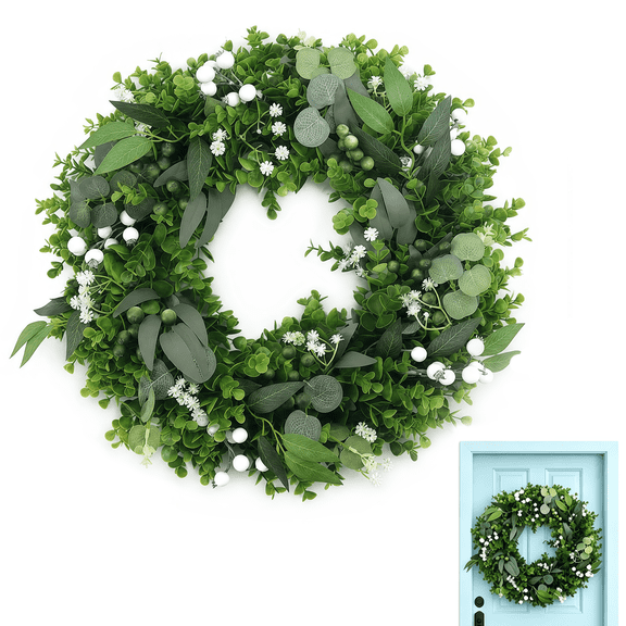 SKYWEE Artificial Greenery Wreath for Front Door, 18 Inch Eucalyptus Leaf Wreath with Boxwood and White Berries, Farmhouse Indoor Outdoor Year Round Decor