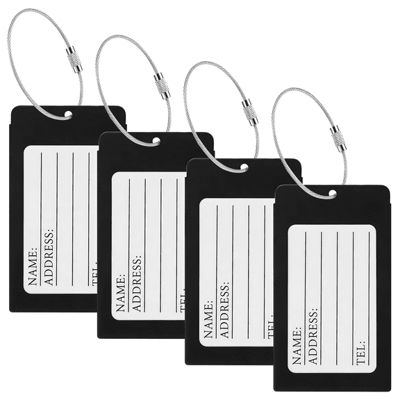 SKYWEE Metal Luggage Tags 4 Pack, Durable Aluminum Alloy Travel ID Bag Tags with Stainless Steel Wire Loops for Suitcases and Backpacks, Black