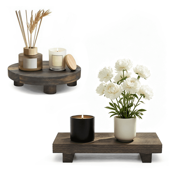 SKYWEE Wood Riser 2-Piece Set, 8.75" Rectangular & 6" Round Wooden Pedestal Stand, Decorative Tray for Bathroom Countertop, Kitchen Sink Soap Sponge Holder, Vanity Farmhouse Decor
