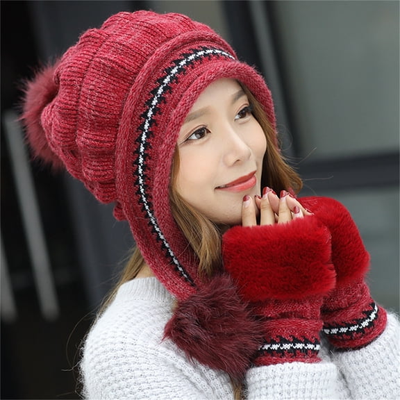 SKyggJG34 FellmüTze Trapper Hat Mongolian Winter Knitted Hat Ear Hat Snowproof Windproof Winter Hat Cuddly Knitted Hat Cute Thickened Women's Hat with Bobble Women Girls Hat Outdoor