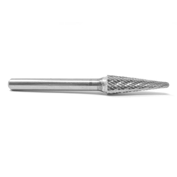 HELONGCO SL-3 Double Cut 14 Degree Taper Radius End 3/8" x 1 1/16" Carbide Burr Bit, 1/4" Shank