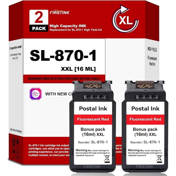 SL-870-1 Red Ink High Capacity 2 Pack SL870-1 SL8701 Fluorescent Red Ink Cartridge sl-870-1 Replacement for The PB SendPro Mailstation Series Postage Meter CSD1